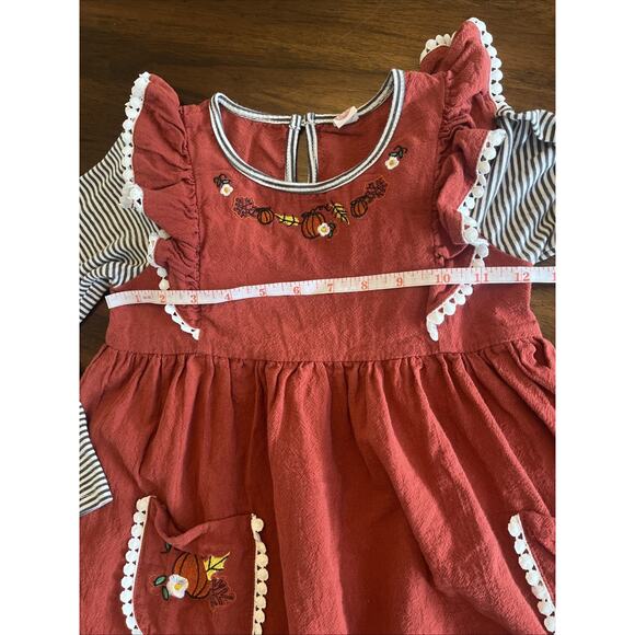 Girls Fall Dress Embroidered Faux Jumper Rust + Bl & Wh Sleeve, Cute Fit 4/5 - Picture 9 of 12